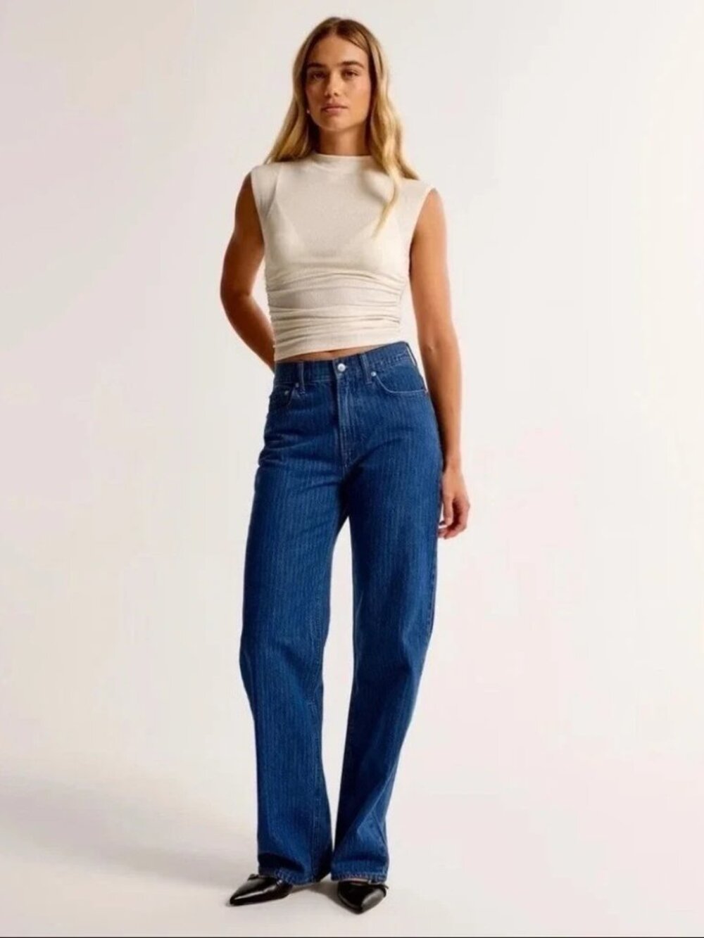 Abercrombie & Fitch Curve Love Loose High Rise Pinstripe Jeans Blue 28/6 Long